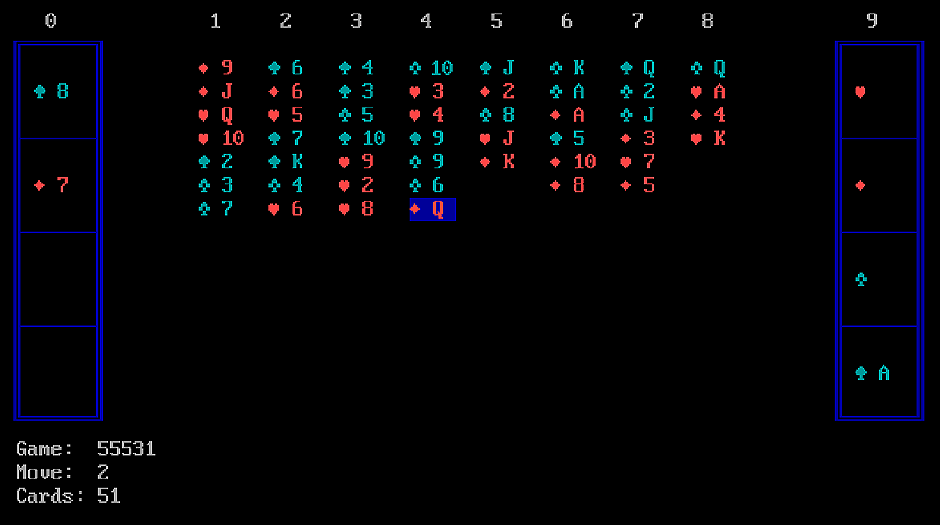 Free cell basado en texto de 1989 creado por Jim Horne para el sistema Microsoft DOS